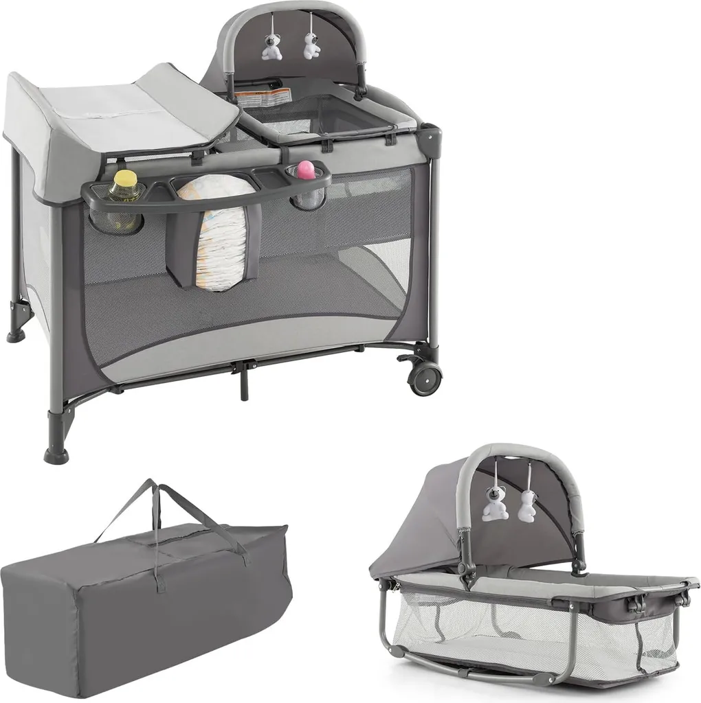 Solution Lit Bébé Gain de Place 5 en 1 : Parc, Change et Berceau Gris