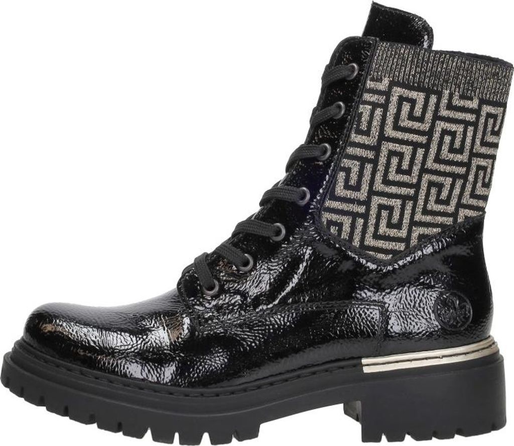 A single black patent leather boot with a decorative shaft.
