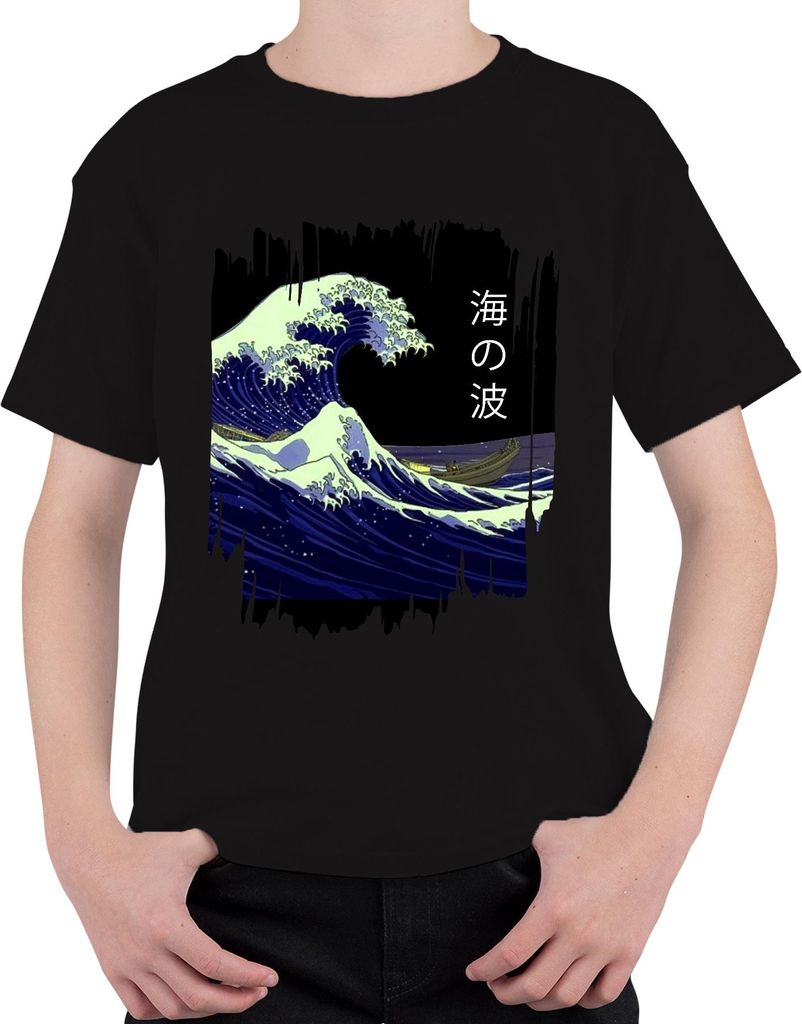 海の波 Hokusai Große Welle Japan Ukiyoe Meer Ozean Vintage Retro Uni Kinder T-Shirt, Schwarz, 152