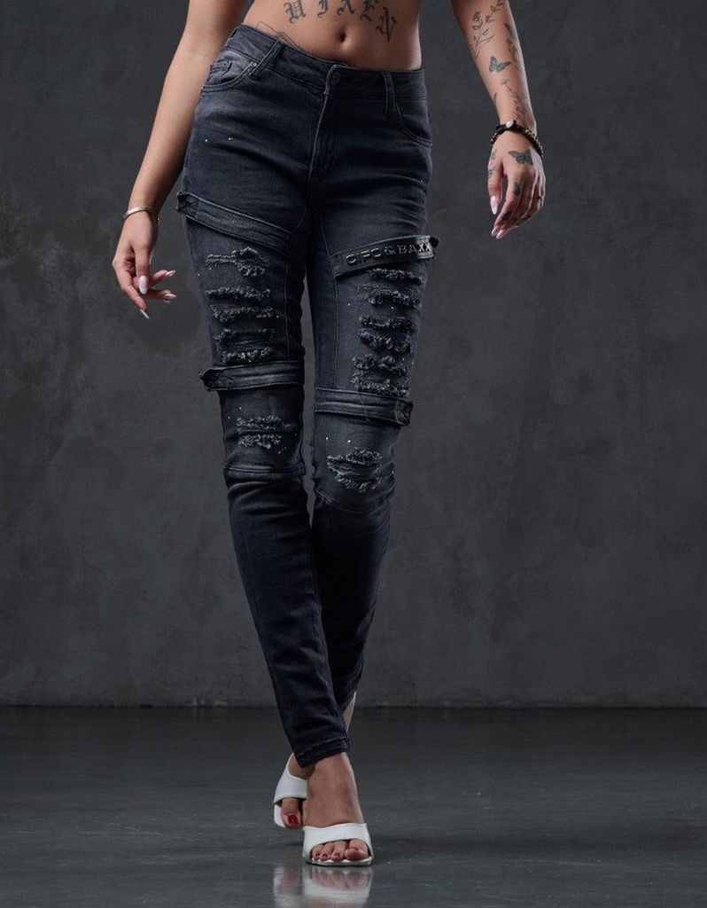 WD383 Damen Röhrenjeans im coolen Biker-Look in Skinny Fit Produktbild 