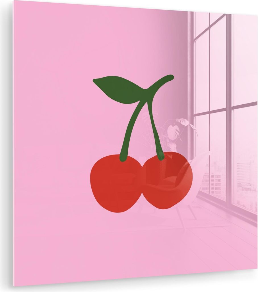 MuchoWow Glasbilder - Bilder auf Wandbild - Foto auf Glas Kirschen - Rosa - Illustration 40x40 cm Wanddekoration aus Glas - Acrylglasbild - Acrylbi...