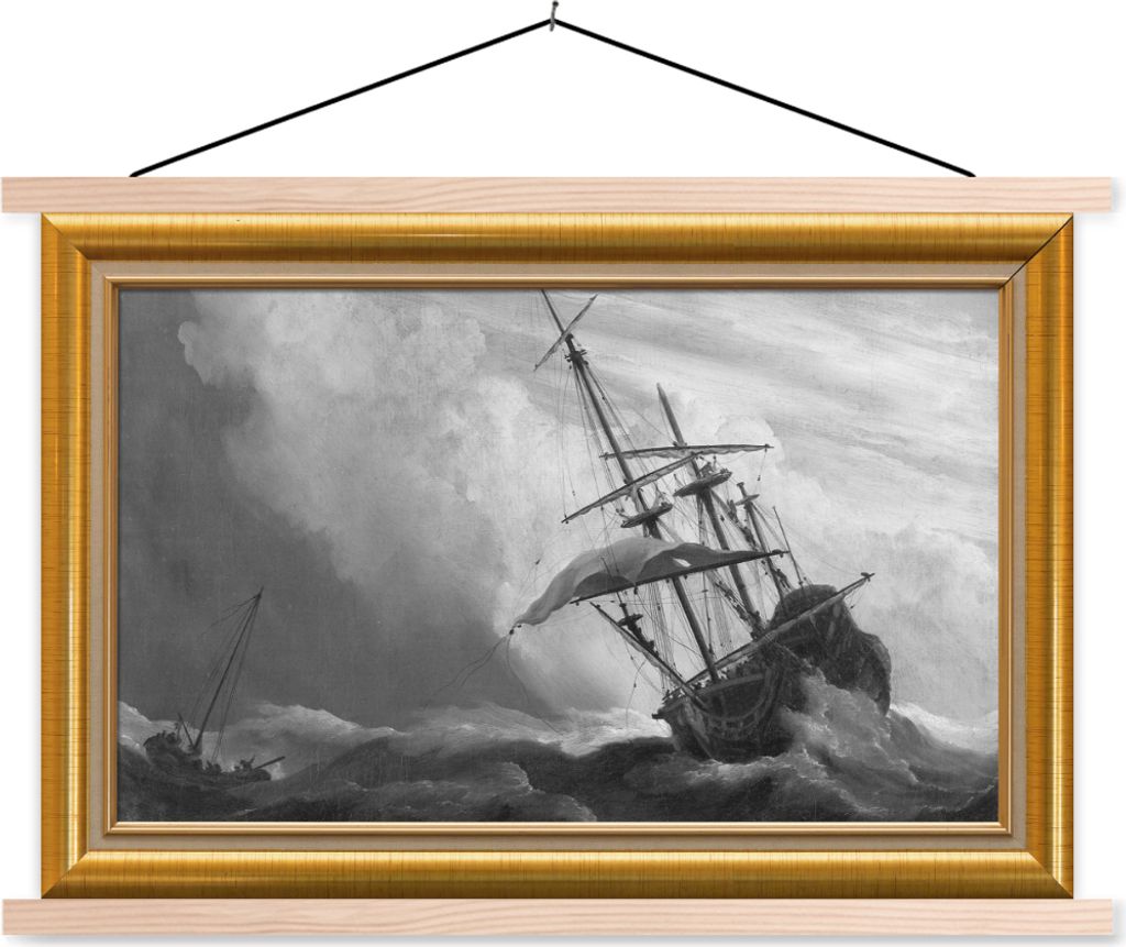 MuchoWow Textilposter Kunst - Maler - Bilderrahmen - Gold 60x40 cm mit holzfarbenen Rahmen - Bilder