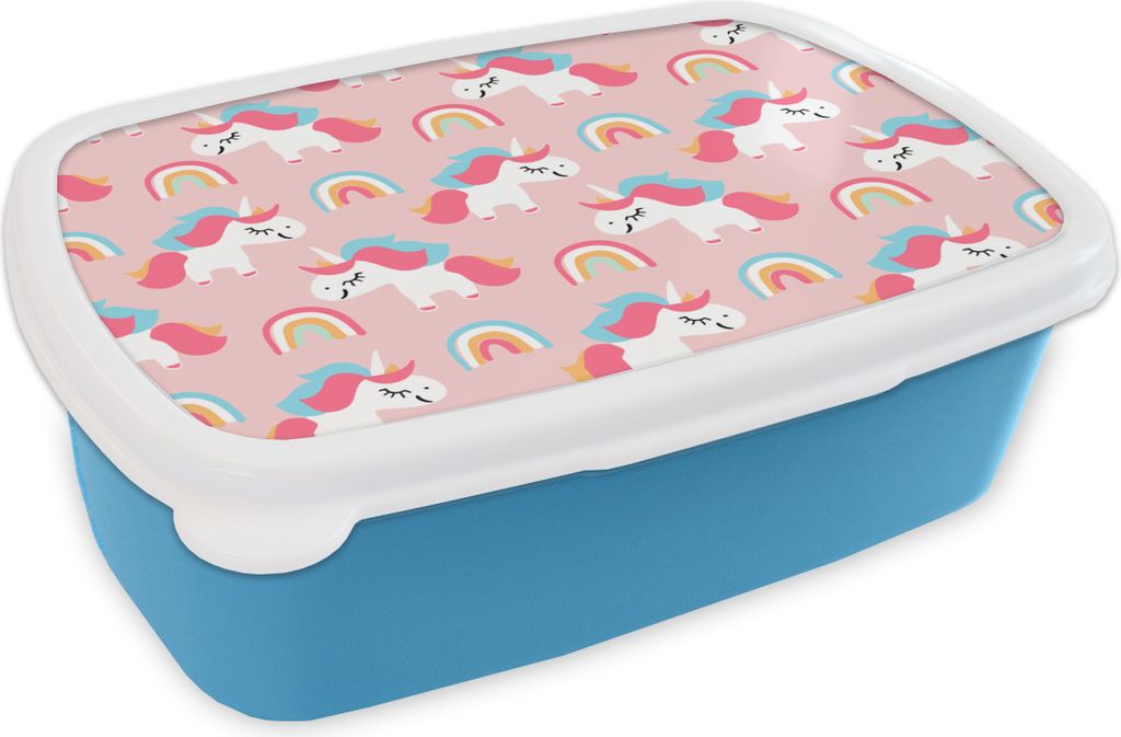 KitchenYeah Lunchbox Brotzeit Brotdose 17x11 cm Einhorn - Regenbogen - Rosa - Muster Kinder Brotzeitdose - Lunch - Kunststoff - Brotbüchse - Sa...