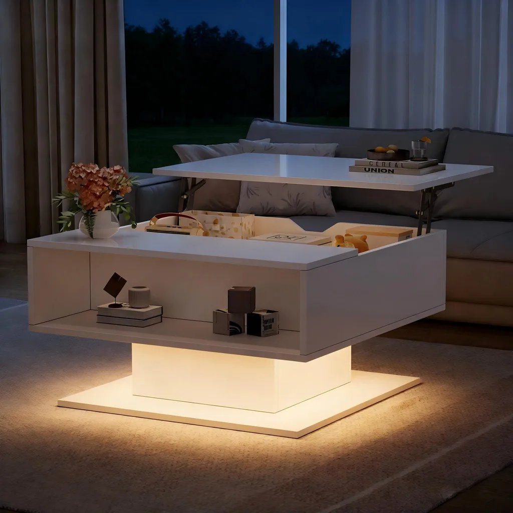 Table basse gain de place blanche avec rangement hydraulique