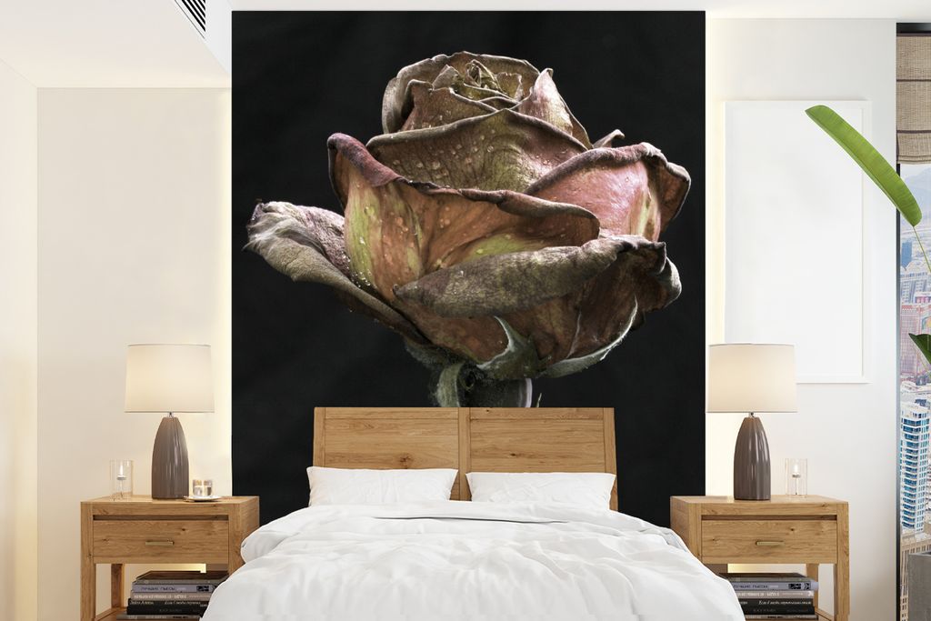 MuchoWow Fototapete für Wohnzimmer oder Schlafzimmer Wandtapete Vinyl Motivtapete Verwelkte Rose mit Wassertropfen - 175x240 cm - Schlafzimmerta...