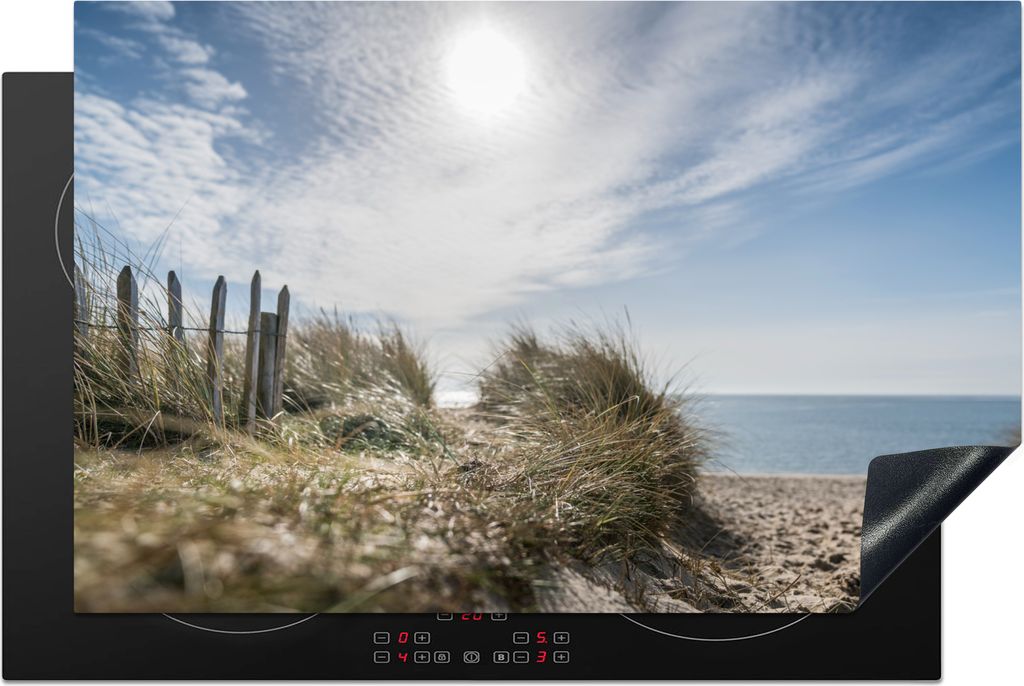 KitchenYeah Herdabdeckplatte Sonne - Wolken - Strand , 80x52cm, Küche Deko, Glaskeramikkochfeld Herdabdeckung, Abdeckplatte fùr Kochfeld
