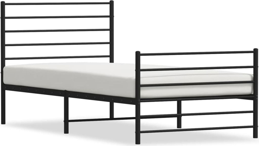 A black metal bed frame with a white mattress, shown from a side angle.