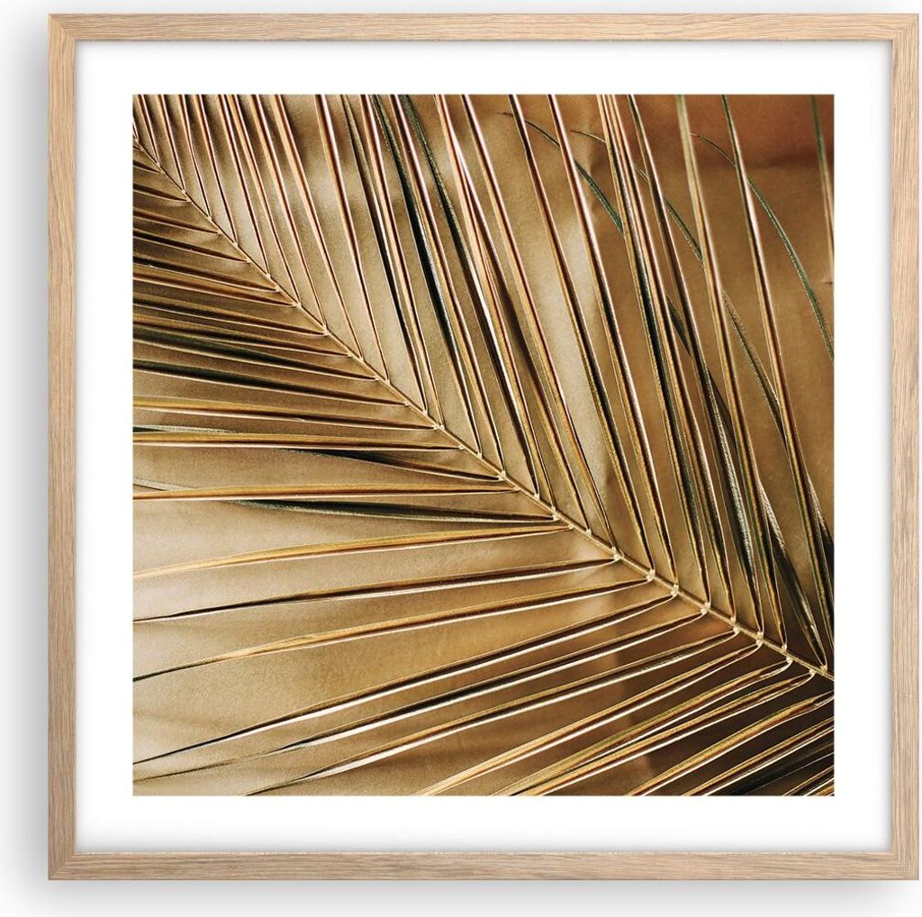 Gerahmtes Poster - Rahmen in heller Eiche - Blatt Gold Pflanze - 50x50 cm - Wand Bild - Wanddeko - Wandbilder - Kunstposter - Wandposter - Bilderra...