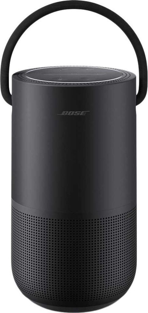 A black Bose portable smart speaker with a handle on a white background.