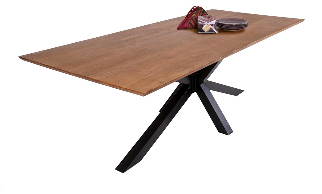 Esstisch 180 x 90 cm Akazie massiv nussbaumfarben schweizer Kante Spider-Gestell ABBY