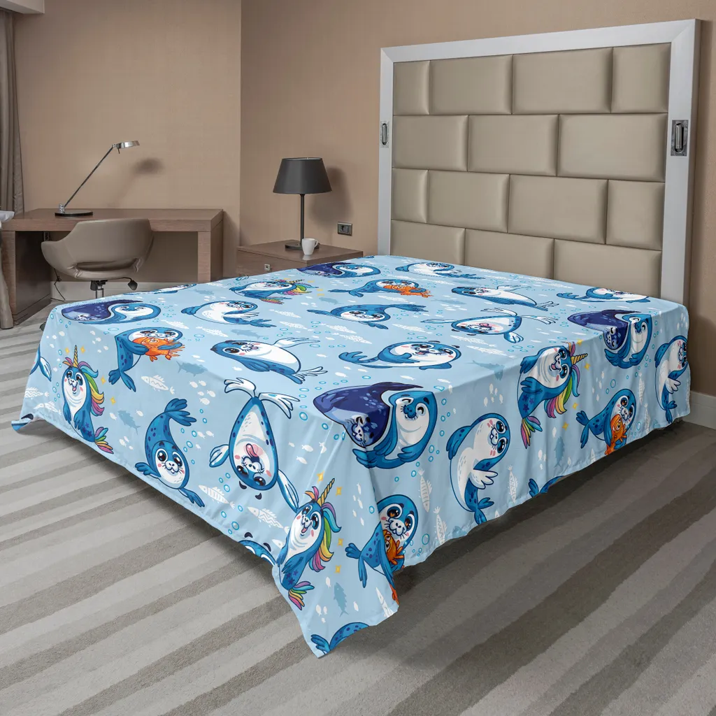 Drap pour Lit Enfant Décoratif Univers Marin Bleu et Blanc 244x205 cm