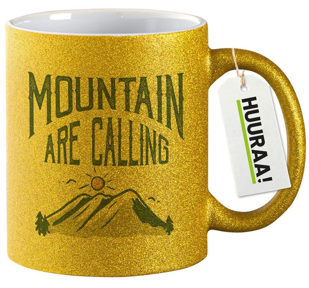 Huuraa Glitzertasse Mountain are calling Berge 330ml Gold Keramik Kaffeebecher Geschenkidee