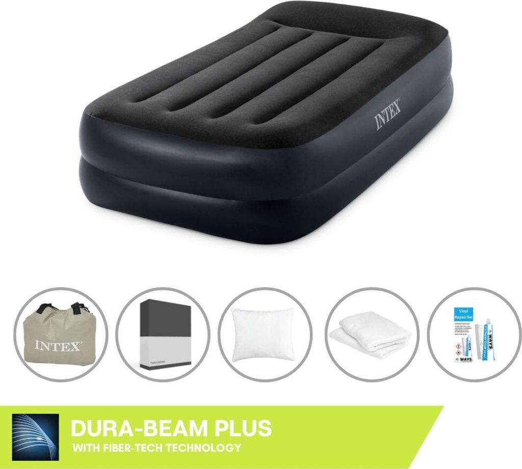 Intex Luftbett - 1 Person - 99 x 191 x 46 cm - Blau - Mit Pumpe + Spannbettlaken Schwarz + Kopfkissen + Molton 2 in 1 Kissenbezüge + Reperaturset