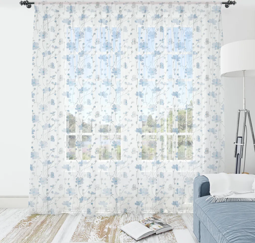 ABAKUHAUS Arazzo floreale, Cosmos Flowers blu e grigio, motivo semplice e delicato, tessuto satinato setoso per soggiorno e camera da letto, 274 cm x 274 cm, grigio, bianco e blu mare
