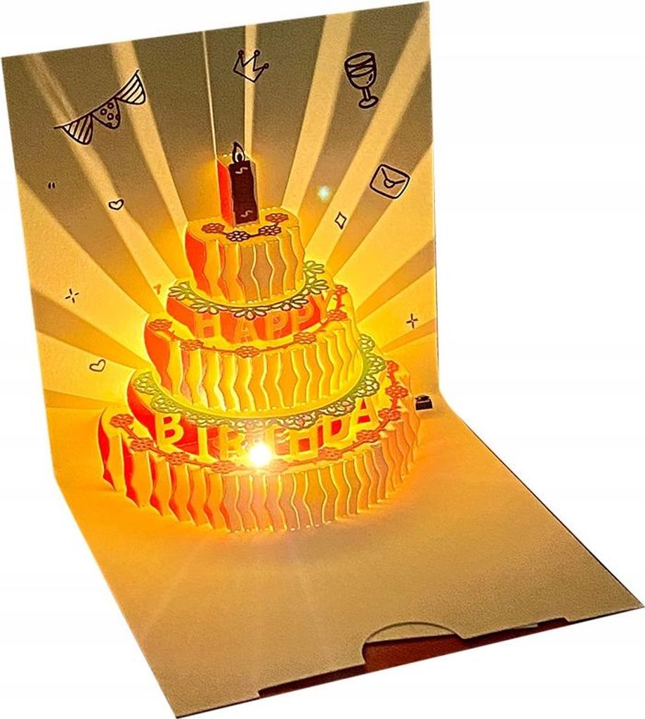 A pop-up birthday card with a lit-up cake design.