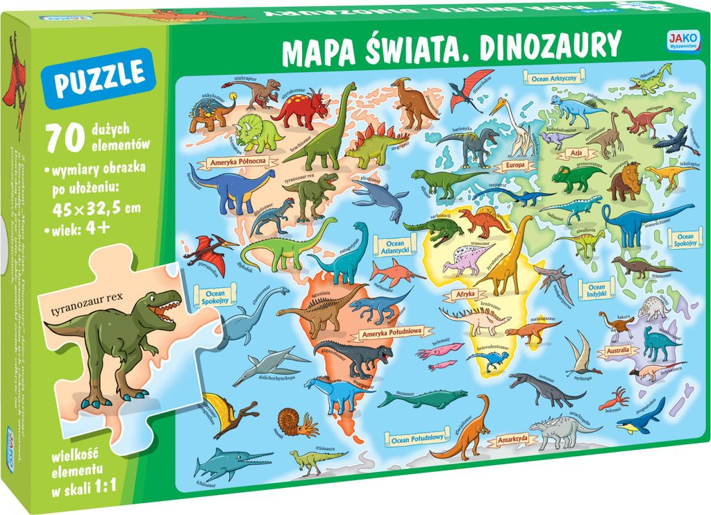 Puzzle 70 Elemente. Weltkarte. Dinosaurier