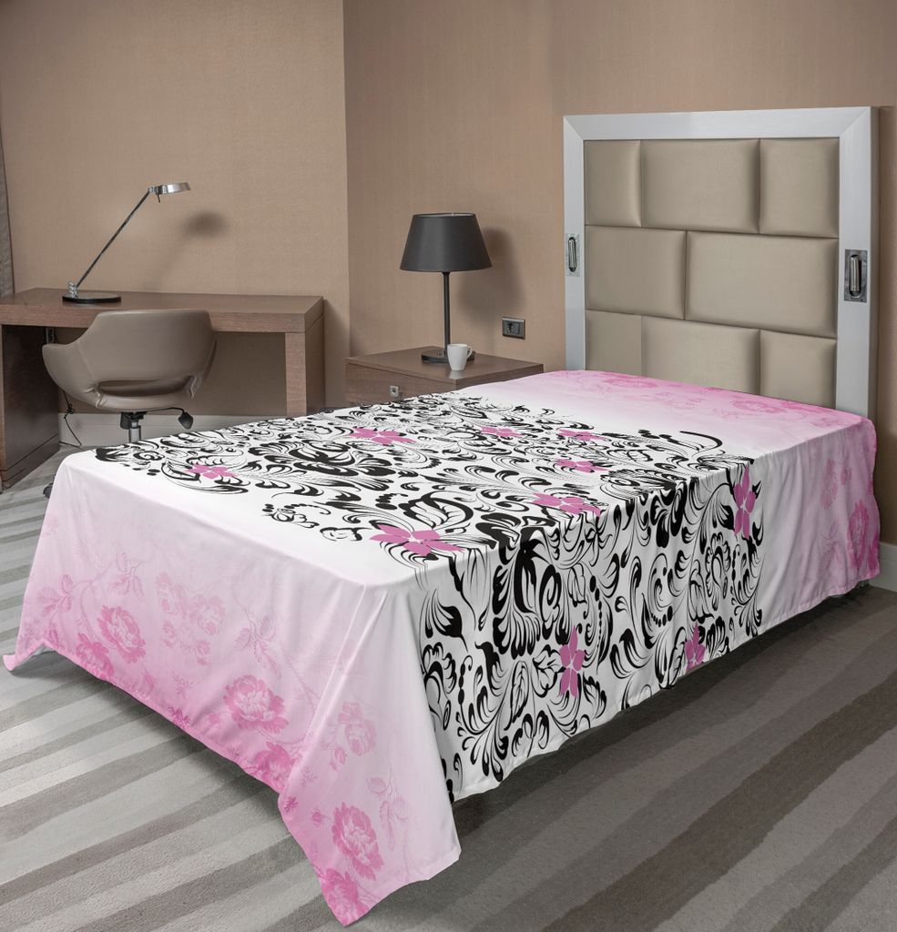 ABAKUHAUS Schwarz und Pink Bettlaken, Curly Romantische Blumen in Pinkish Farbe, Muster,, weiches bequemes oberes Bettlaken für ein dekoratives Be...