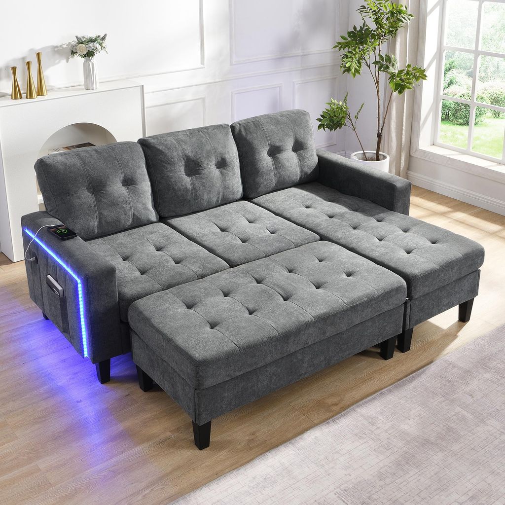MODFU Multifunktionales Schlafsofa 3-Sitzer, klappbares Sofa mit beweglichem Hocker,Chaiselongen mit LED-Licht,L-Form Dreisitzer mit USB,Massivholz...