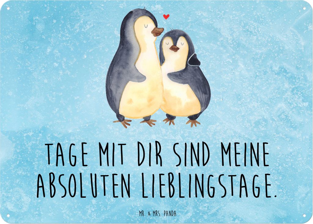 Mr. & Mrs. Panda Wandbild Pinguin umarmen DIN A3 - Eisblau - Geschenk, tafel, Türschild, Jahrestag, Metallschild, Hochzeitstag, Blechtafel, Hochze...