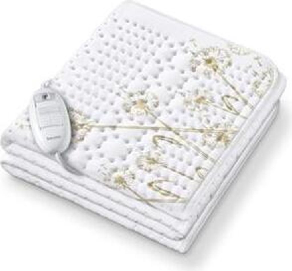 A folded electric blanket with a controller attached.