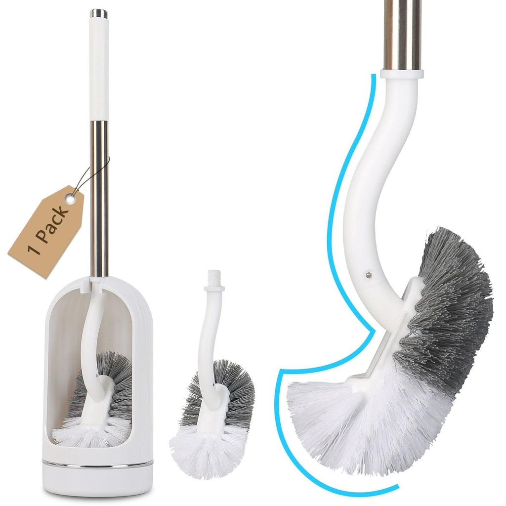 Toilettenbürste, Toilettenbürsten mit Halterung, gebogene Toilettenbürste mit Randreiniger, Griff aus Edelstahl und Kunststoff, Badezimmerreinig...