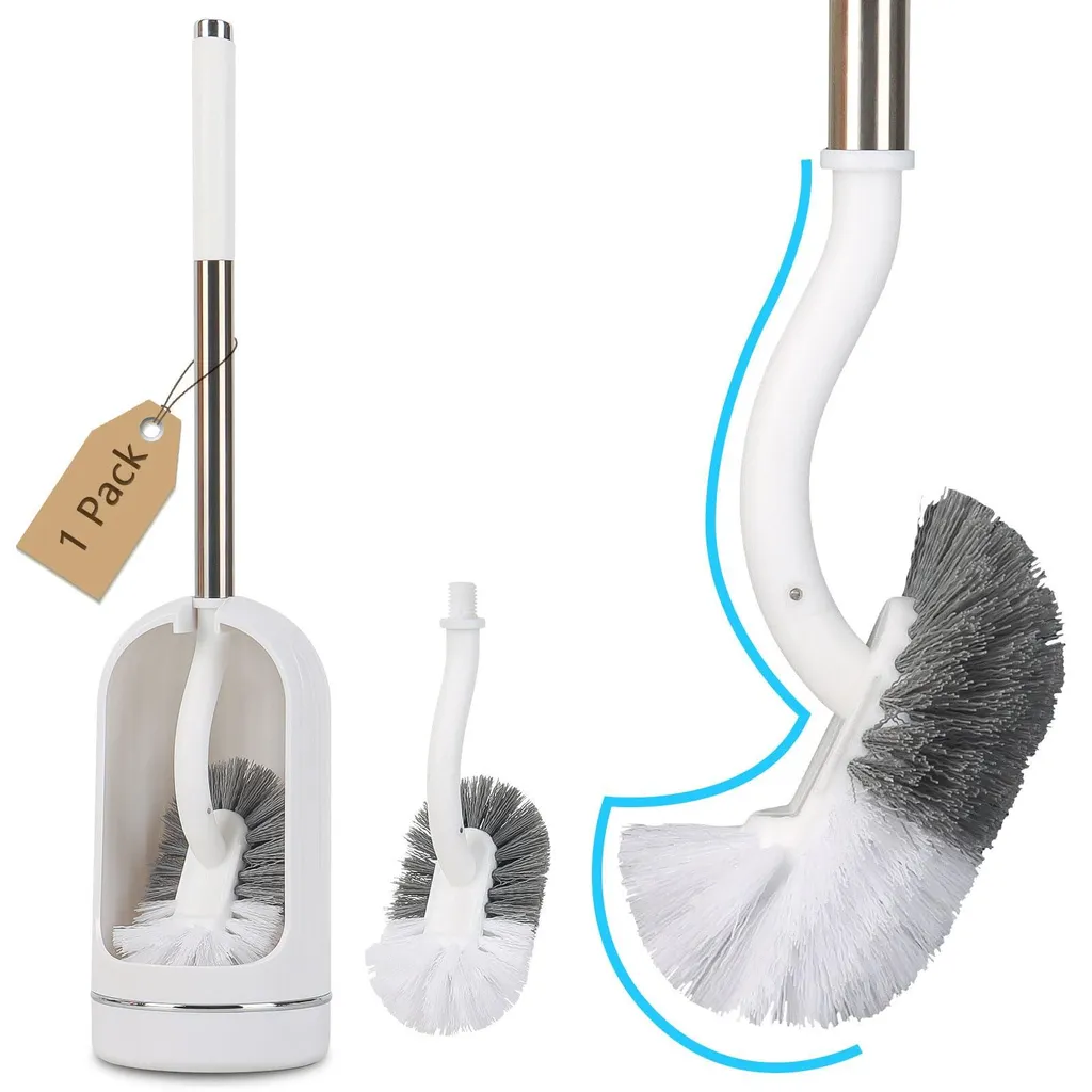 Brosse de nettoyage WC avec tête courbée et raclette intégrée blanche