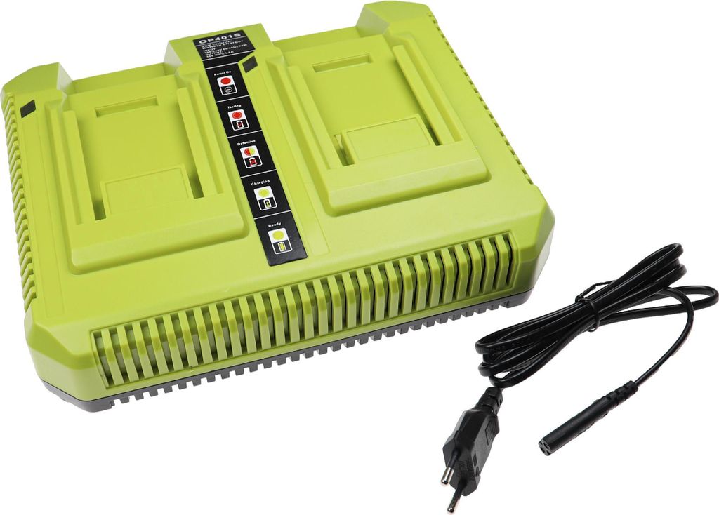 vhbw Dual-Ladegerät kompatibel mit Ryobi 625 CFM, RY40002, 500 CFM, 40V VAC ATTACK Leaf Mulcher Werkzeug / Rasenmäher Li-Ion-Akkus, 72 W, 36 V