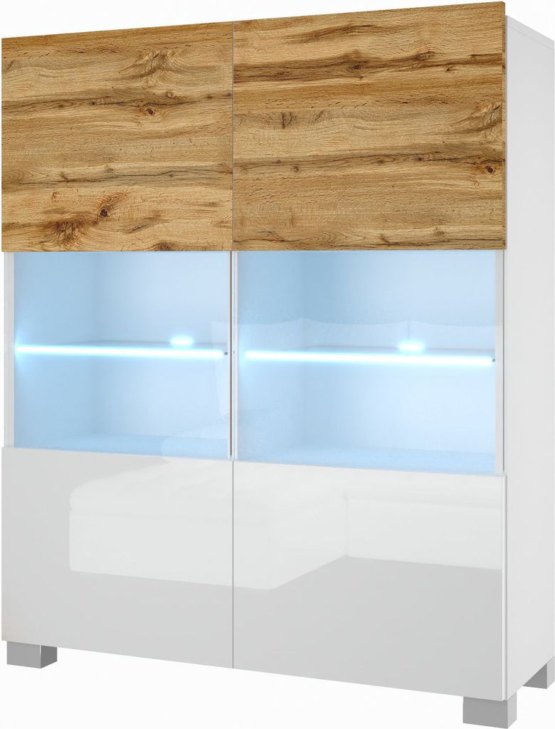 BELINI Kommode Sideboard Wohnzimmer Schlafzimmer Schrank Hochschrank mit LED-Leuchten (Wotan Eiche / Weiß)