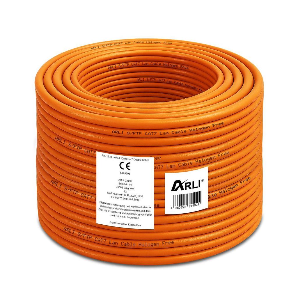 ARLI 100m Cat7 Duplex Verlegekabel S/FTP PIMF halogenfrei LSZH Twin Netzwerkkabel für feste Installation orange