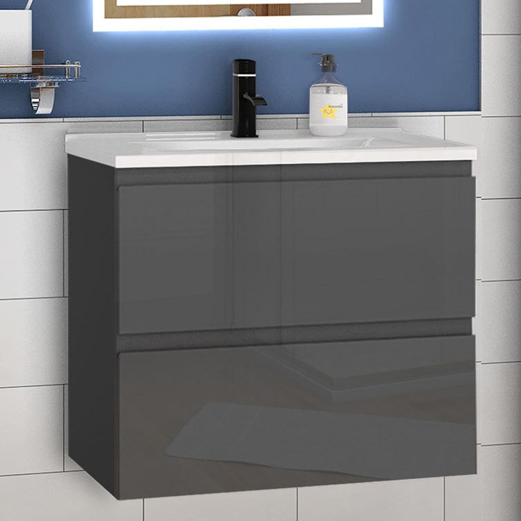 Waschtisch mit Unterschrank 60cm Alast Badmöbel Set Hochglanz Dunklegrau Keramik Waschbecken mit Unterschrank MDF Softclose