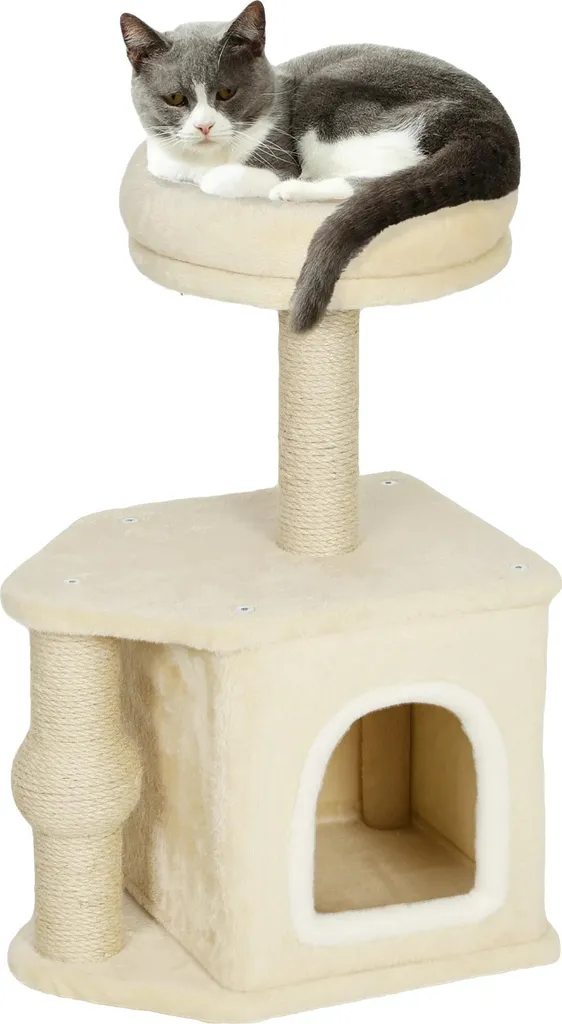 Petit arbre à chat pour appartement en bois beige multi-niveaux