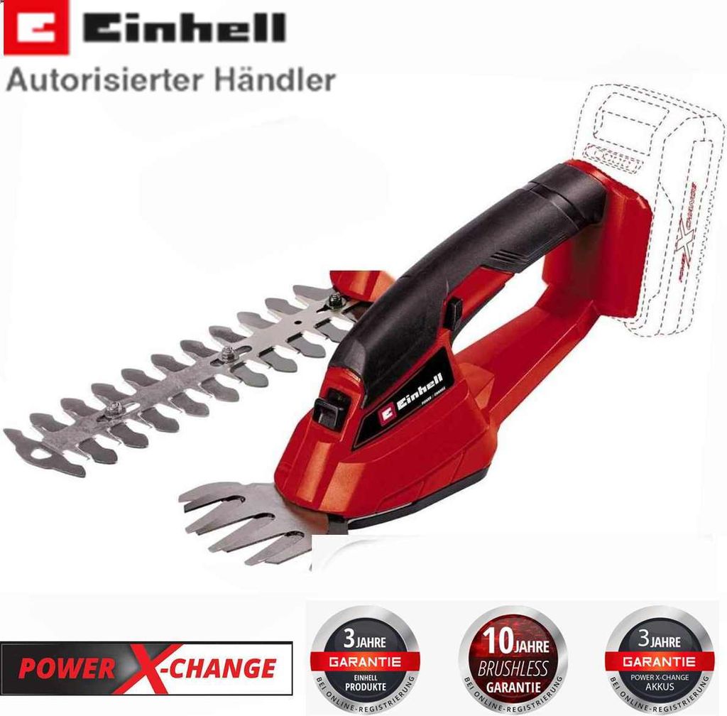 A cordless hedge trimmer with various warranty and feature badges displayed.