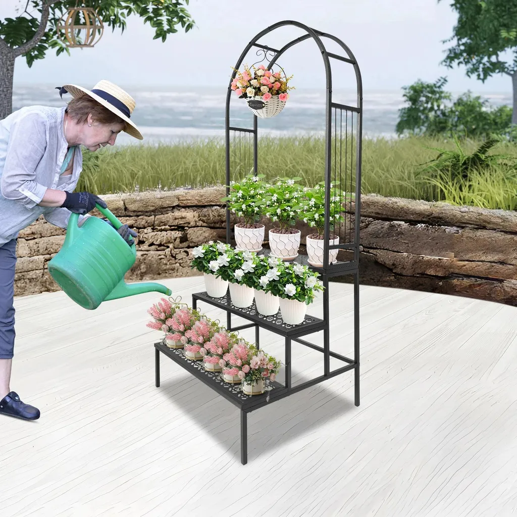 Support pour plantes à étages avec arche décorative en métal inoxydable