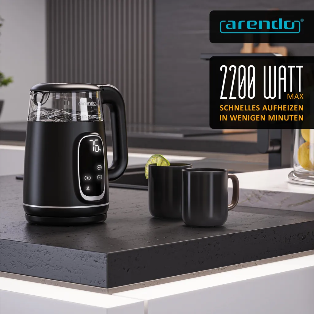 Bouilloire Arendo en verre et inox avec réglage de température 1,7L - 6