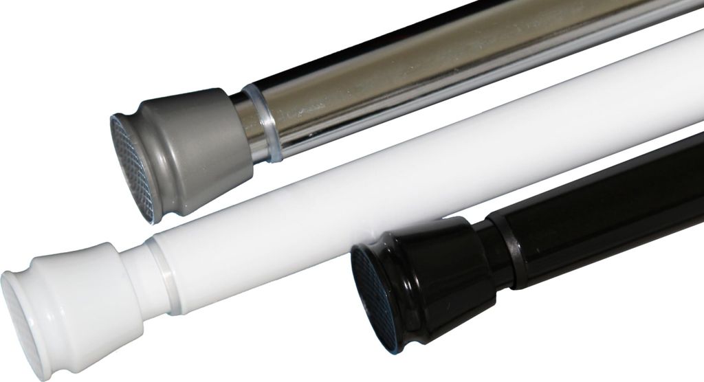 Three telescopic rods of different colors (silver, white, and black) are shown against a white background.