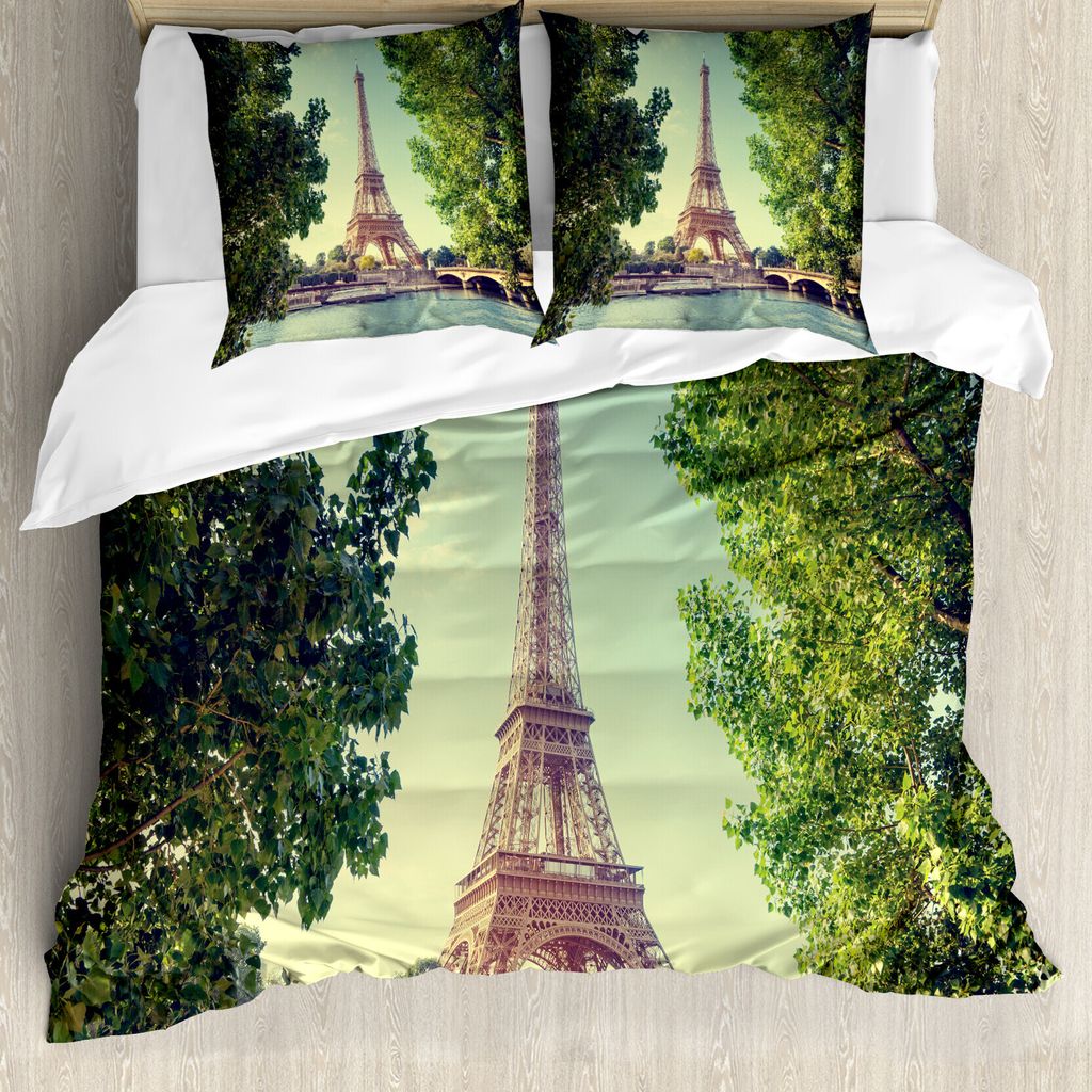 ABAKUHAUS Paris Bettbezugs Set Für Doppelbetten, Eiffel Tower Seine River, Milbensicher Allergiker geeignet mit Kissenbezügen, Grünes Mandelgrü...