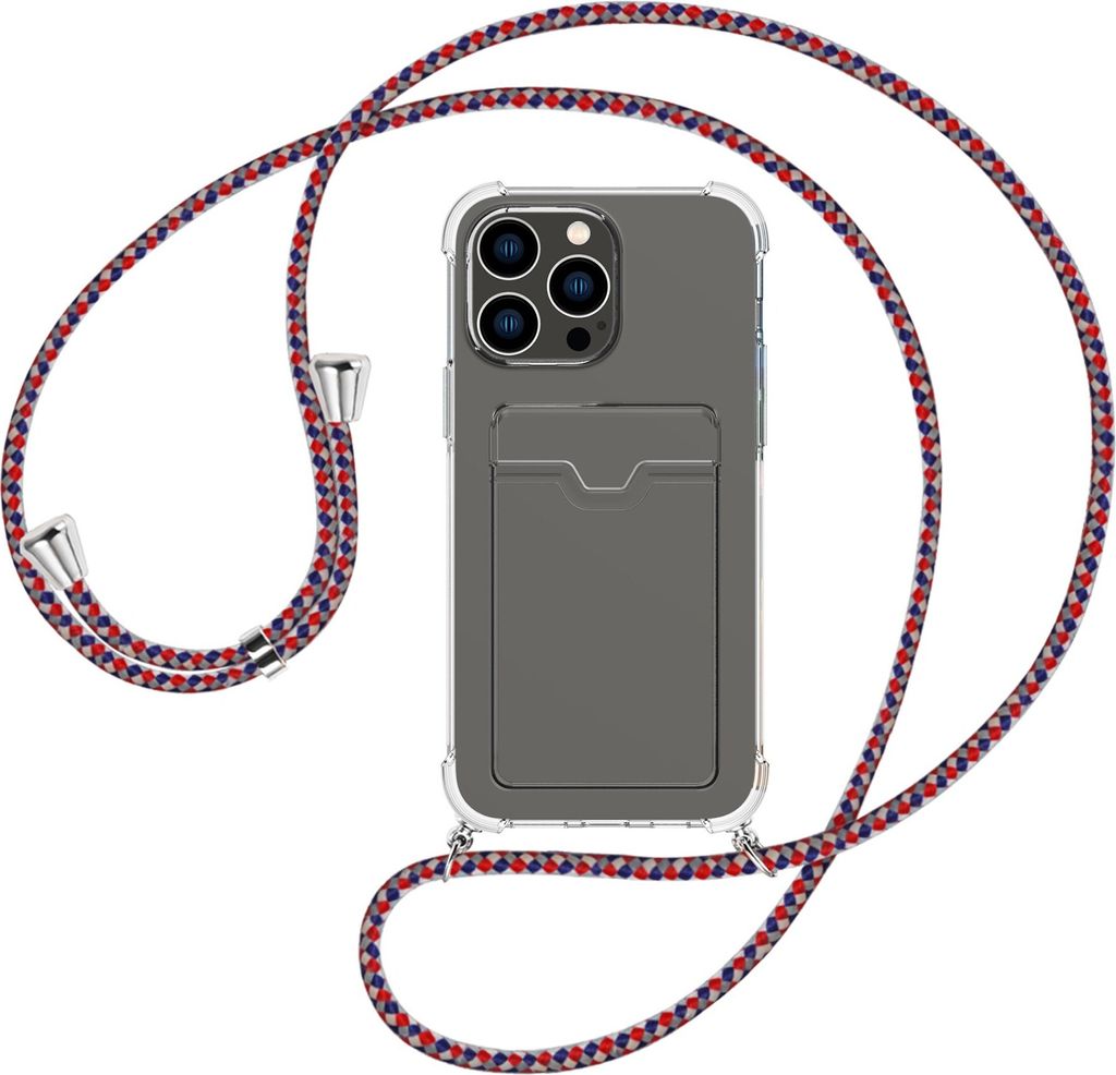 Handykette Backcover-Schutzhülle mit Band (Metall silberfarben) für Apple iPhone 15 Pro Max - silber/blau/rot