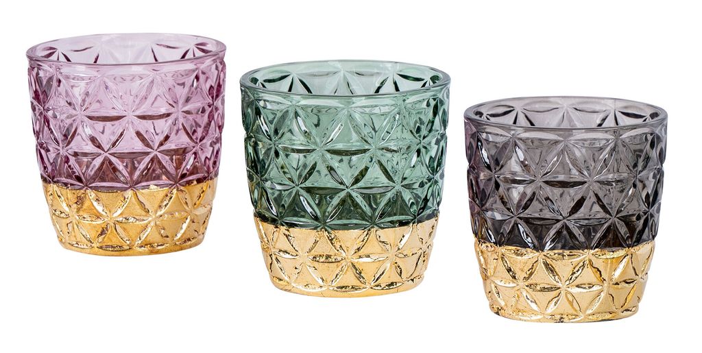 3er Set Teelichthalter Glas Rosa Grün Grau Gold H9cm Kerzenglas Retro Tischdeko Deko Windlicht Kerzenhalter Kerze Kerzenständer