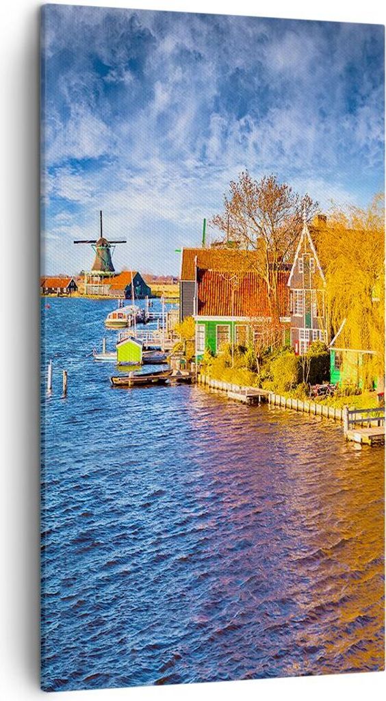 Bild auf Leinwand - Leinwandbild - Landschaft Windmühle Wasser Dorf - 45x80cm - Wand Bild - Wanddeko - Leinwanddruck - Bilder - Kunstdruck - Wandd...