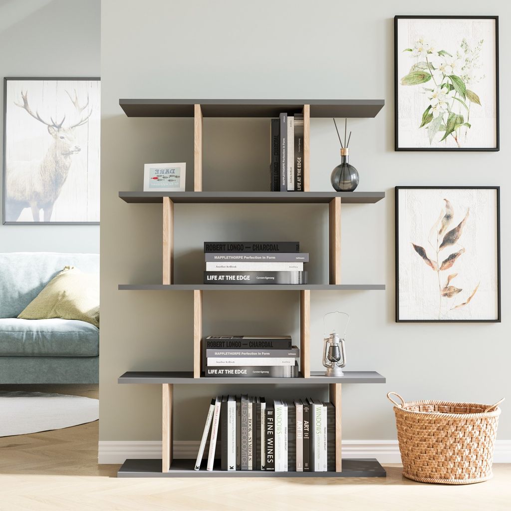 Skye Decor, Harmon - Anthracite, Oak, Bücherregal, Anthrazit, 100 % MELAMINBESCHICHTETE SPANPLATTEN, 90 x 25 x 127,4 cm