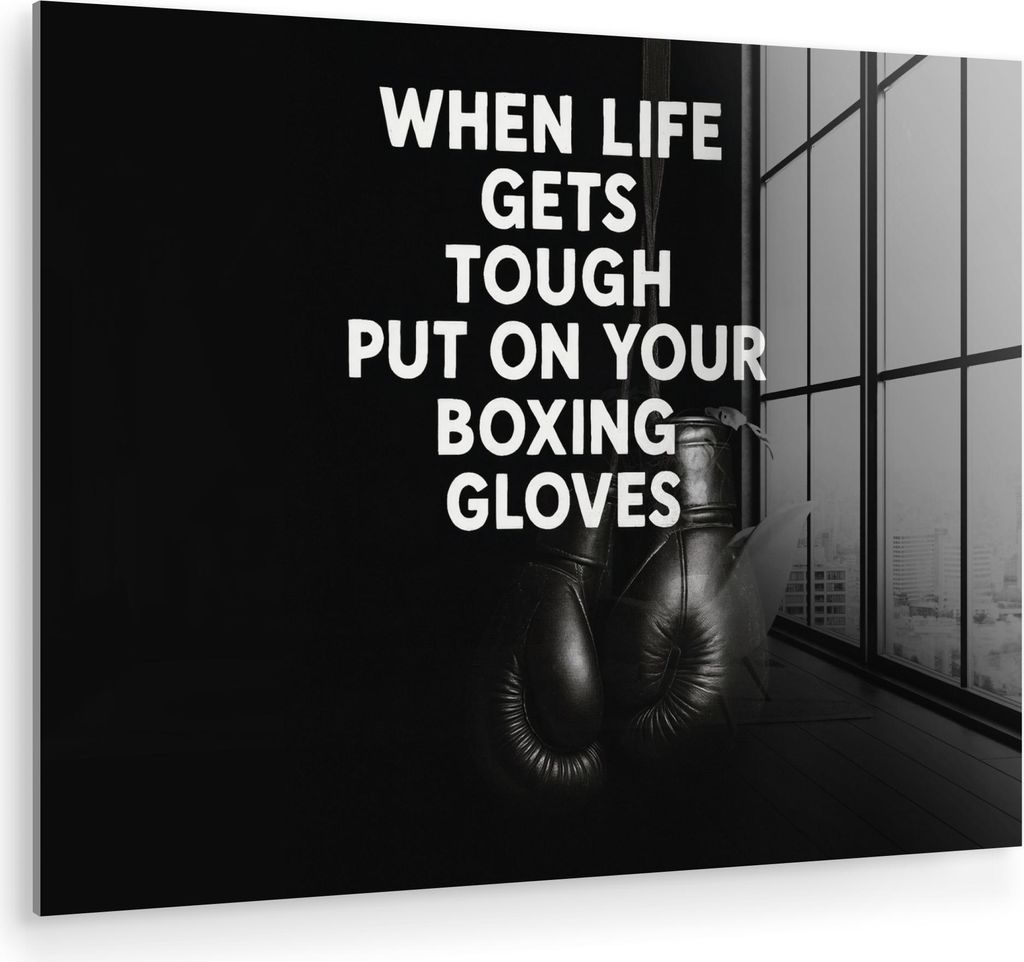 MuchoWow Glasbilder - Bilder auf Wandbild - Foto auf Glas Text - Boxhandschuhe - Weiß 40x30 cm Wanddekoration aus Glas - Acrylglasbild - Acrylbild...
