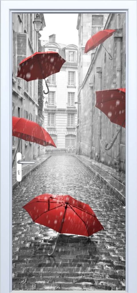 Stofftüraufkleber, Straße, rote Regenschirme 002PD