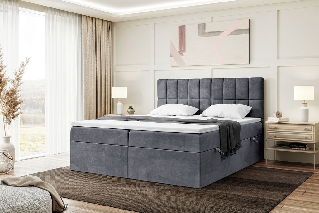 MEBLINI Boxspringbett mit Bettkasten - 200x220 - H4/Dunkelgrau Samt - LUKAS - Gepolstert Doppelbett mit Matratze und Topper - Polsterbett mit Staur...