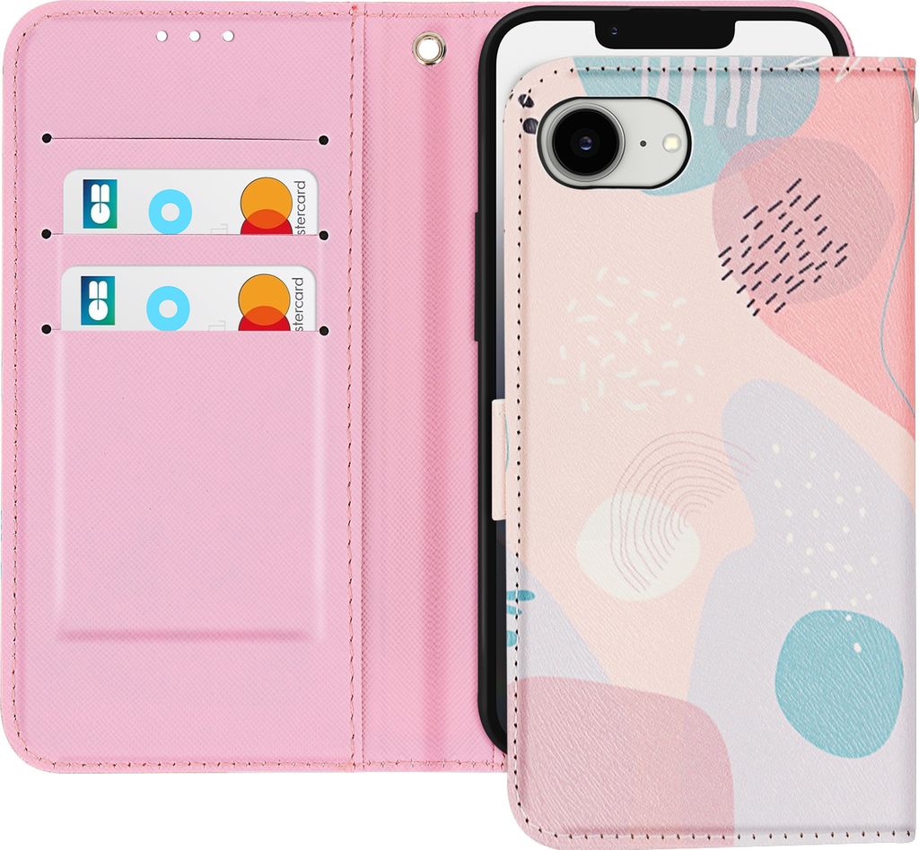 Avizar, Etui für iPhone 16e Motiv Pastellpuzzle Handschlaufe Kartenfach, Rosa