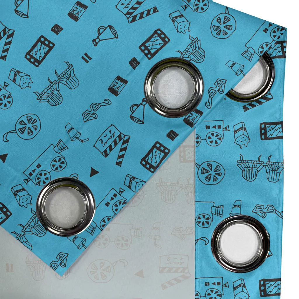 ABAKUHAUS Tenda con occhielli blu e nera, iconografie cinematografiche e teatrali scarabocchiate, macchina fotografica, sedie, popcorn, valvola a cerniera, tende decorative a 2 pannelli, 280 cm x 175 cm, azzurro e nero - 3