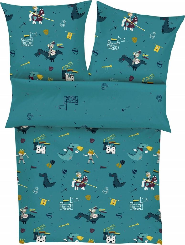 s.Oliver Junior Bettwäsche 135x200 cm, 80x80 cm - petrol, Satinbettwäsche mit Ritter, 100 % Baumwolle