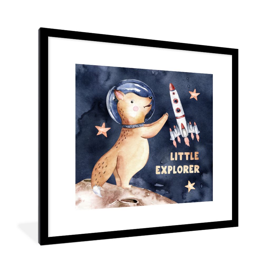 MuchoWow Gerahmtes Poster Kleiner Entdecker' - Fuchs - Sprichwörter - Zitate - Junge - Mädchen - Kind 40x40 cm - Poster mit Schwarzem Bilderrah...