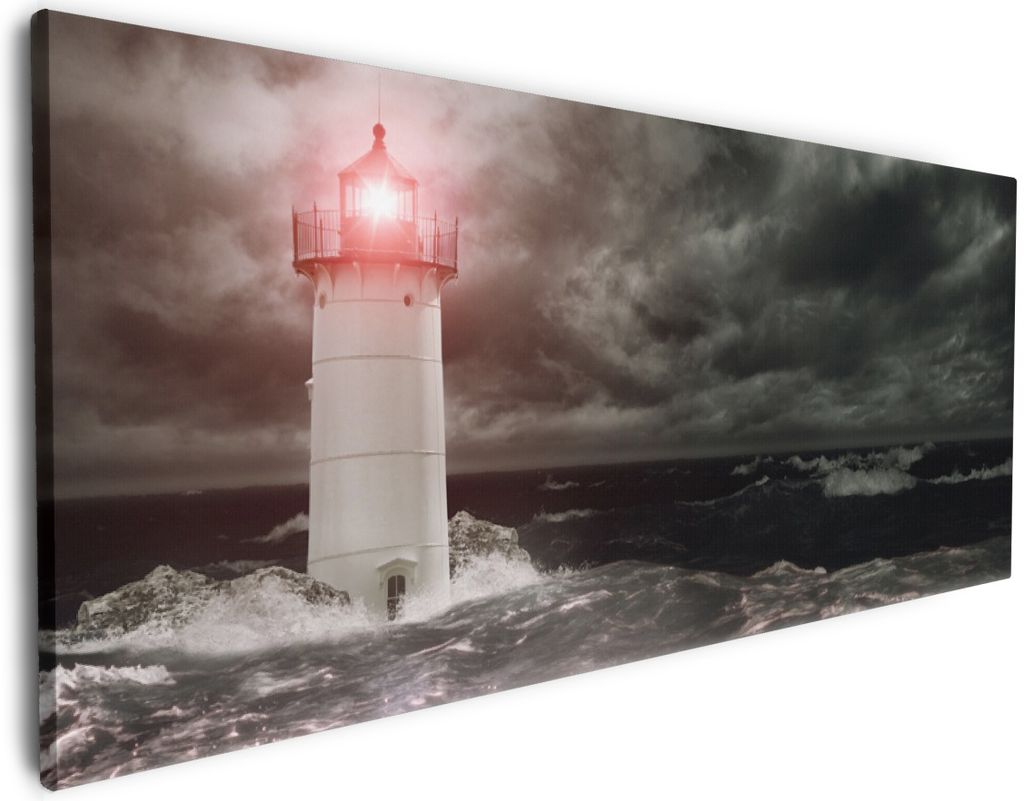 Wallario Premium Leinwandbild Leuchtturm im Wasser bei stürmischer See in Größe 60 x 150 cm