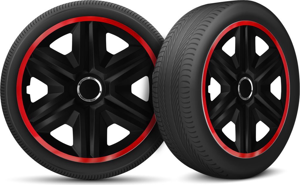 Auto Radkappen Radzierblenden 4er Set passend für alle Stahlfelgen - einstellbarer Sicherungsring - 14 Zoll - Schwarz Rot