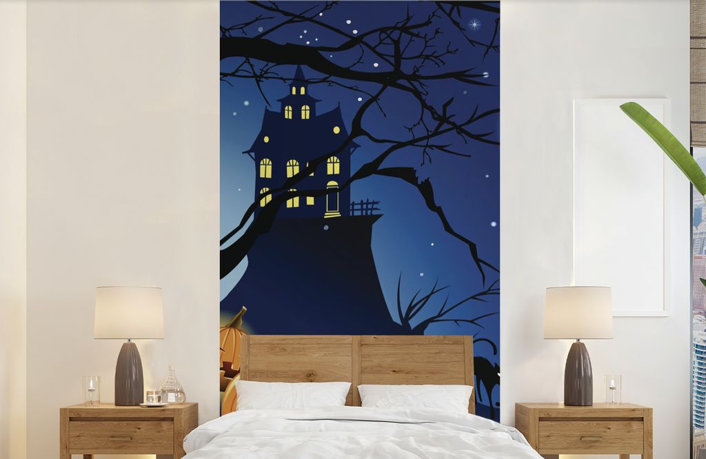 MuchoWow Fototapete für Wohnzimmer oder Schlafzimmer Wandtapete Vinyl Motivtapete Eine Halloween-Nacht in einer Illustration - 120x240 cm - Hint...